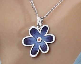 Violet Enamel Hippie Flower Pendant Necklace | Sterling Silver | Unique Handmade Fine Jewelry for Women