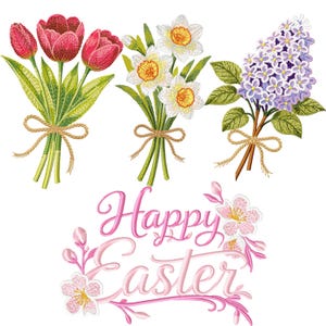Puede incluir: Diseños florales bordados con ramos de tulipanes rojos, narcisos blancos y lilas moradas, atados con hilo. La frase "Happy Easter" está escrita en rosa, rodeada de detalles florales.