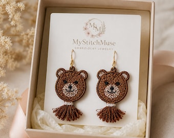 FSL Bear Earrings Embroidery Design, Teddy Bear Machine Embroidery File, Freestanding Lace Jewelry, Digital Download