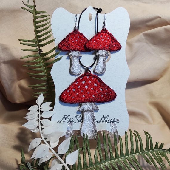 FSL Amanita Mushroom Earrings & Pendant – Machine Embroidery Design in 3 Sizes.