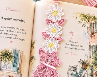 FSL Floral Bookmark Embroidery Design, Daisy Butterfly Bookmark, Freestanding Lace, Machine Embroidery, Flower Lace, 2 Sizes