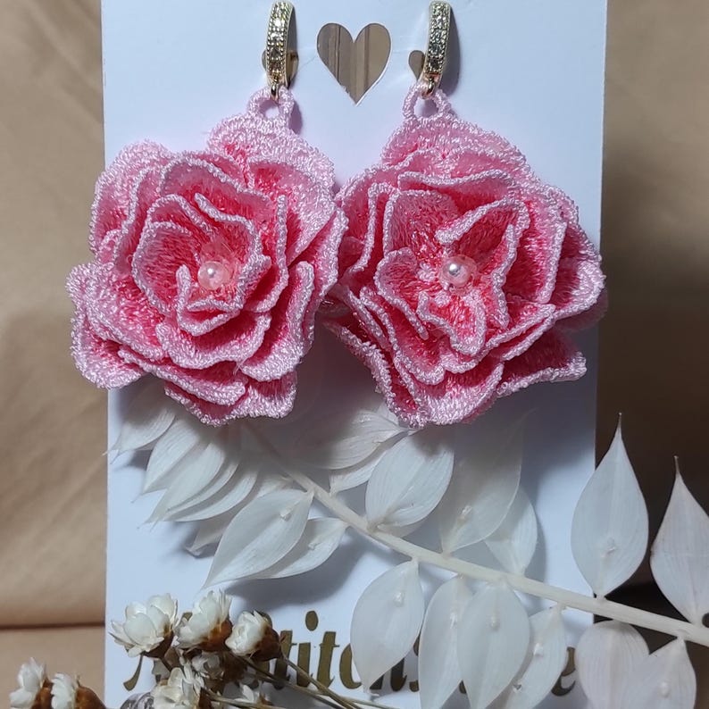 FSL Rose Earrings Embroidery Design – 3D Lace Flower Earrings for 4x4 ...