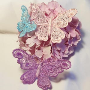 May include: Three decorative lace butterflies in shades of blue, pink, and purple rest on a cluster of pink hydrangea flowers. The butterflies have intricate openwork designs, and the flowers are in full bloom, creating a delicate and feminine composition.