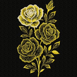 May include: Embroidered floral design featuring three yellow roses with detailed petals and leaves on a black background. The roses are in various stages of bloom, with one bud visible. The design is likely for embroidery or fabric decoration.