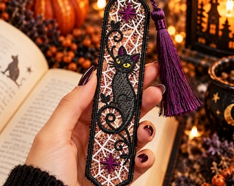 FSL Black Cat Bookmark, Halloween Embroidery Design, Gothic Lace Bookmark, Machine Embroidery File