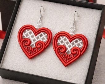 FSL Heart Earrings Embroidery Design | Valentine gift