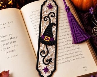 Halloween Witch Bookmark, Freestanding Lace Embroidery Design, FSL Machine Embroidery File, Gothic Book Lover Gift