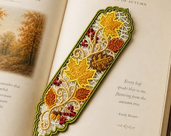 Autumn Bookmark Embroidery Design, Fall Leaves FSL Bookmark, Machine Embroidery Pattern, Lace Bookmark, Instant Download