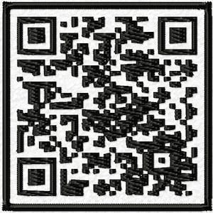 May include: Embroidered patch featuring a black and white QR code design. The square patch has a black border and a complex pattern of black squares and rectangles. The design is centered on a white background.