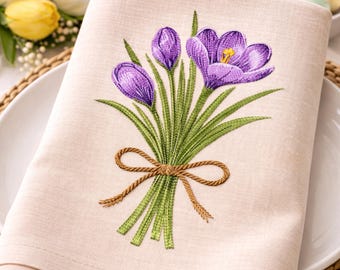 Crocus Embroidery Design | Saffron Flower Easter Machine Embroidery File | Spring Floral Napkin Design | 6 Sizes