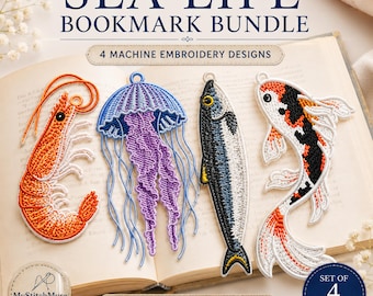 Sea Life FSL Bookmark Bundle Machine Embroidery Designs + Bonus | Koi Fish, Sardine, Jellyfish & Shrimp | Ocean Freestanding Lace