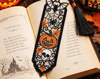 Halloween FSL Bookmark Embroidery Design, Pumpkin Skull Bat Lace Bookmark, Freestanding Lace Machine Embroidery File