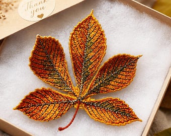 Chestnut Leaf Brooch Embroidery Design, FSL Autumn Leaf, Freestanding Lace, Fall Jewelry, Digital Machine Embroidery
