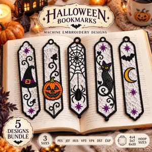 May include: Five machine embroidery bookmark designs featuring Halloween motifs including a witch hat, jack-o'-lantern, spider web with spider, black cat, and bat with crescent moon. Each bookmark has a white web-like background and purple stars.