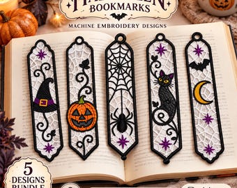 Halloween FSL Bookmark Bundle, 5 Freestanding Lace Machine Embroidery Designs, Witch, Pumpkin, Spider, Cat & Bat