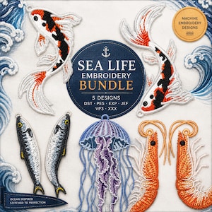 May include: An embroidery bundle with sea life designs, including koi carp, sardines, a jellyfish, and shrimp. The designs are in bright colours with detailed stitching. The text reads "Sea Life Embroidery Bundle" and "Ocean Inspired Stitched to Perfection."