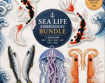 Sea Life Embroidery Bundle | Koi Fish, Jellyfish, Shrimp & Sardine FSL Earrings and Pendant Designs | Ocean Machine Embroidery Files