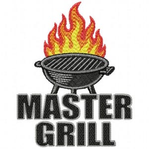 May include: Embroidered design featuring a black grill with flames in shades of yellow, orange, and red. The words "MASTER GRILL" are embroidered in bold, black letters below the grill. The design is on a white background.