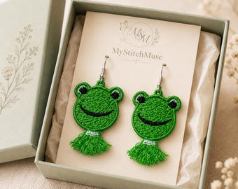 Frog Tassel Earrings Embroidery Design | Cute Frog Machine Embroidery Pattern | FSL Earrings | Funny Animal Earrings | Digital Download