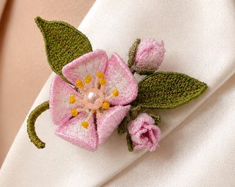 FSL Apple Blossom Brooch Machine Embroidery Design, Freestanding Lace Flower Pin, 3D Floral Jewelry. 4x4, 5x7 hoop