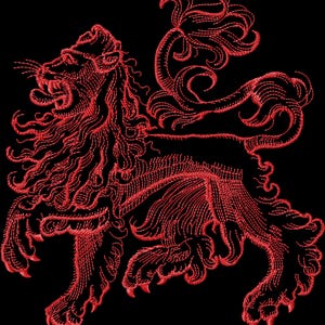 May include: A detailed red embroidered lion design on a black background. The lion is depicted in a roaring pose, with intricate detailing in its mane, body, and claws. The design has a regal and heraldic feel.