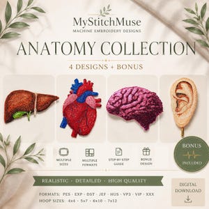 Op de afbeelding: MyStitchMuse Anatomy Collection borduurontwerpen voor de machine met vier anatomische organen: een lever, een hart, een hersen en een oor. De digitale download bevat meerdere formaten, bestandsindelingen, een stapsgewijze handleiding en een bonusontwerp.