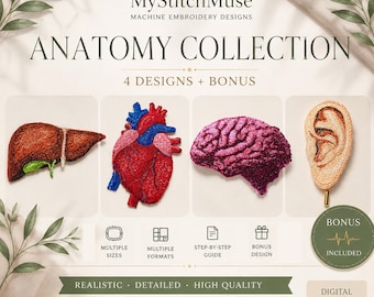 FSL Anatomy Machine Embroidery Bundle Freestanding Lace Brain, Heart, Liver & Ear Embroidery Designs 4 Designs + Bonus