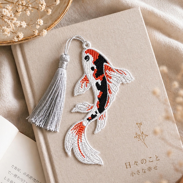 Koi Fish Bookmark Embroidery Design, FSL Lace Bookmark with Tassel, 4x4 Hoop Included, Machine Embroidery Design, Digital Download