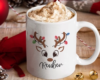 Cadeau de Noël personnalisé, joli renne, remplissage de boîte pour le réveillon de Noël 2023, tasse en céramique de 11 oz, tasse de chocolat chaud, père Noël secret