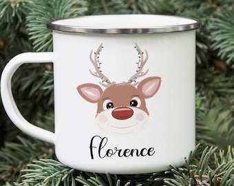 Cadeau de Noël personnalisé, joli renne, remplissage de boîte pour le réveillon de Noël, tasse en émail, 12 oz, enfants, tasse de chocolat chaud, père Noël secret