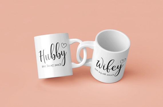 Personalized Hubby Wifey Wedding Mugs, Anniversary Gift