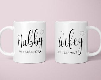 Mr Mrs Mugs, Hubby Wifey Custom Couple Coffee Mug Set, Unique Wedding Gift,  Coffee Lovers, Engagement Bride and Groom Christmas Gift