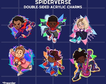 May include: Set of six double-sided acrylic charms featuring characters from the Spider-Verse movie. The charms are colorful and feature a variety of characters, including Spider-Man, Miles Morales, Gwen Stacy, and more.