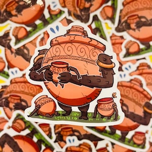 May include: A sticker featuring a cartoon illustration of a brown pot with a face and arms holding a smaller pot. The pot is surrounded by smaller pots with faces. The sticker is on a white background.