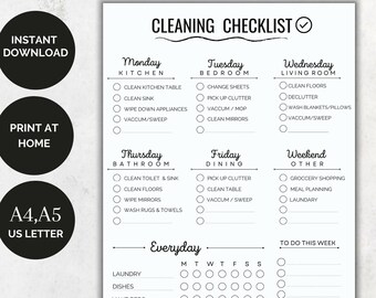 May include: A printable cleaning checklist with a black and white design. The checklist is divided into daily, weekly, and weekend tasks. The days of the week are listed at the top of each section, followed by a list of cleaning tasks. The checklist also includes a section for "To Do This Week".