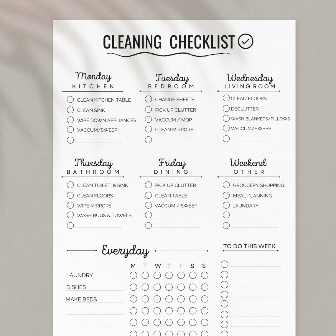 Weekly Cleaning Checklist Printable Minimalist Cleaning - Etsy Canada