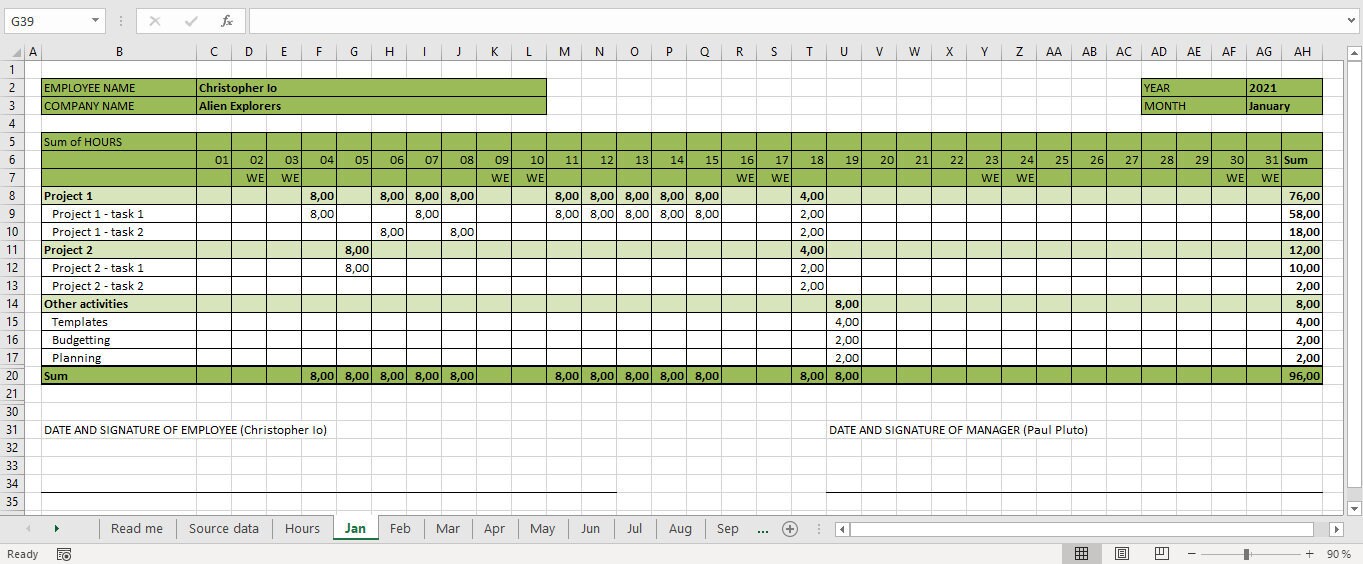 Plantilla de parte de horas mensual 2021 Etsy España