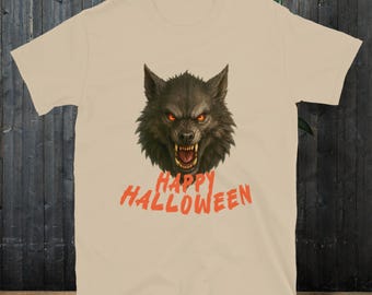 May include: Beige t-shirt with a snarling wolf head and glowing red eyes. The orange text "HAPPY HALLOWEEN" is printed below the wolf. The shirt is made of a soft material.