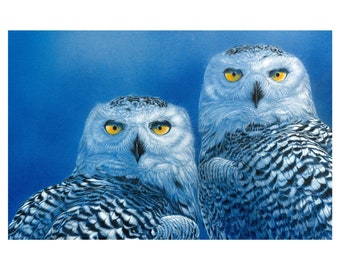 Owl art - “Night Snow Twins” 2 - detail, limited edition Fine Art print of Snowy Owls (Arctic)