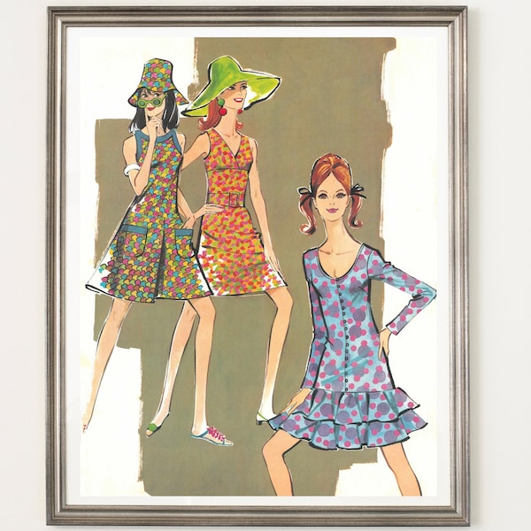 Modezeichnung swinging sixties, 1968 Woodstock, Vintage Kleidung 60er, 60s fashion, Modeillustration, digital download