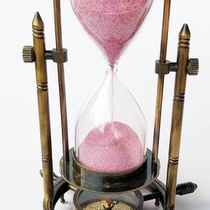 Temporizador de arena vintage (reloj de arena) // Reloj de arena náutico marítimo antiguo de latón completo con base de brújula de rueda