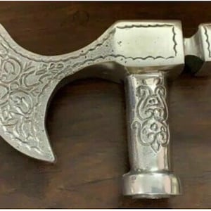 Axe Head Handle Walking Cane: Antique Silver Nautical Style Wooden Stick