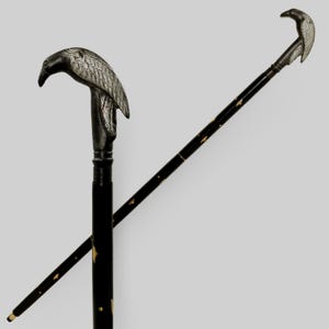 Victorian Raven Walking Cane: Elegant Black Wooden Derby Stick
