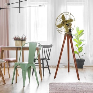 Handmade Antique Brass Floor Fan: 45&quot; Wooden Tripod Stand