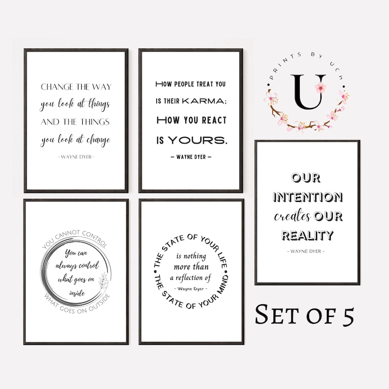 Minimal Wall Art Set of 5, Wayne Dyer, Popular Right Now, Vision Board Printables, Quotes about life, Mental Health Therapist Gift, Yoga image 1