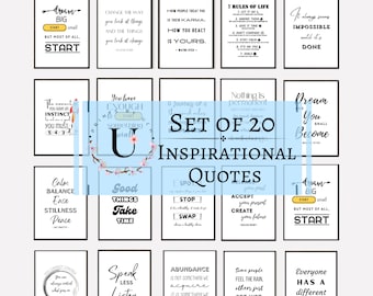 May include: Set of 20 inspirational quotes in black frames with white backgrounds. The quotes are printed in black and white text. The frames are arranged in a grid pattern. The quotes include: "Dream Big Start Small", "Change the Way You Look at Things", "How People Treat You is Their Karma", "7 Rules of Life", "It Always Seems Impossible Until It's Done", "The Moment You Have Enough Instinct You Must Go", "You Have Enough To Do Something Unbelievable", "A Journey of a Thousand Miles", "Nothing is Permanent", "Dream Big You Shall Become", "Calm Balance Ease Stillness Peace", "Good Things Take Time", "Stop Swap", "Accept Your Present Create Your Future", "Dream Big Start Small But Most of All, Start", "You Cannot Control What Goes On Outside But You Can Always Control What Goes On Inside", "Speak Less Listen More", "Abundance is Not Something We Acquire It is Something We Tune Into", "Some People Feel the Rain, Others Just Get Wet", "Everyone Has a Different Clock".