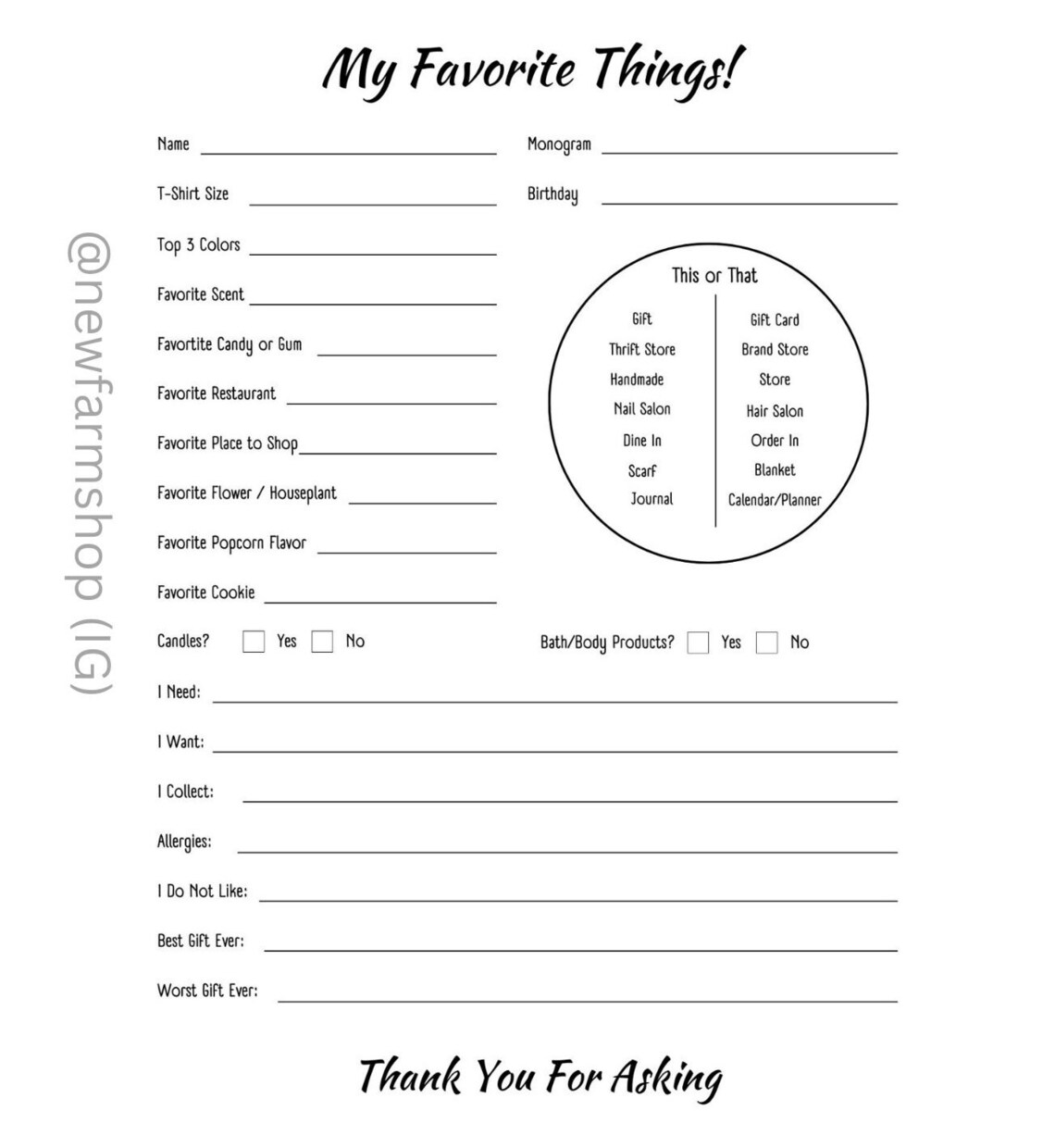Gift Questionnaire Printable Gift Suggestion Quiz My Etsy