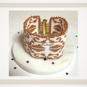 Filigree Beaded Cuff Bracelet, White/Burnt Orange, Handmade, Peyote Weave, Statement Piece, Elegant, Unique, Gift for Her.