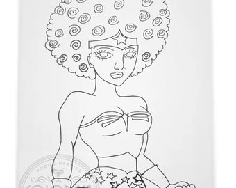 May include: Black and white line art drawing of Wonder Woman with an afro hairstyle. She is wearing a star-shaped headband and a star-patterned bodice. She is holding a lasso in her right hand.