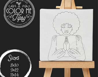 May include: Black and white line art drawing of a woman with an afro hairstyle, praying with her hands clasped together. The drawing is on a white canvas, which is on a wooden easel. The text "Color Me Tipsy" is visible in a circle on the canvas.